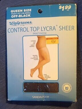 Vintage Walgreens Control Top Lycra Sheer Pantyhose Off Black Queen Size NOS